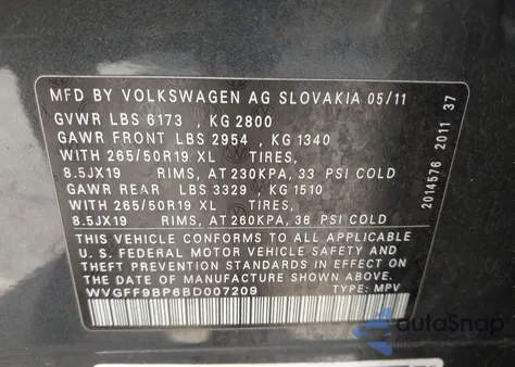 2011 Volkswagen Touareg Vr6 Lux из США, поврежденный, VIN WVGFF9BP6BD007209